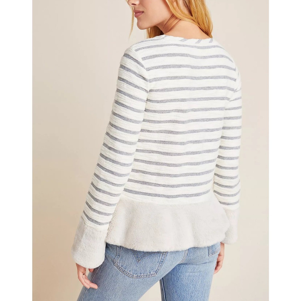 Anthropologie Maeve‎ Astor Fur-Trimmed Striped Pullover Sweater M White/Gray NWT - Picture 12 of 12